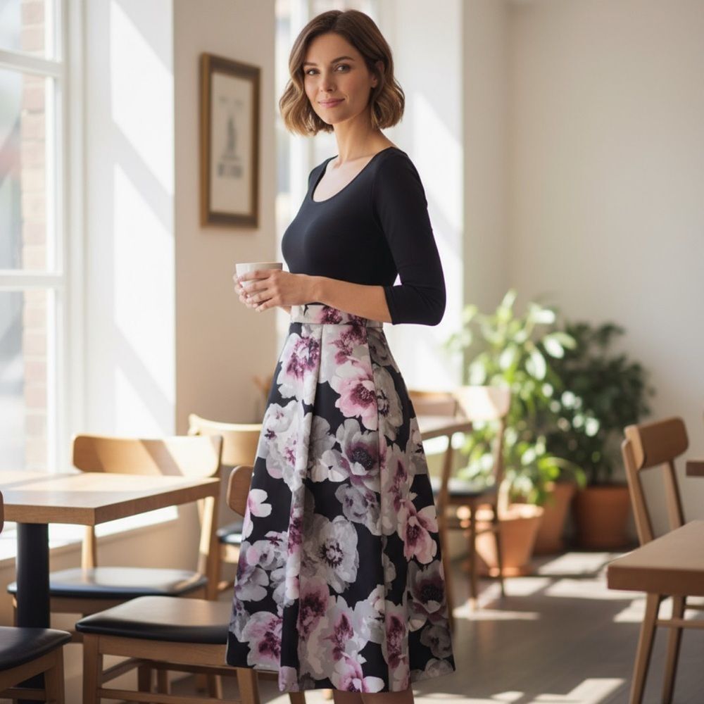 Scoop Neck Bodice/3/4 sleeves/Floral Skirt